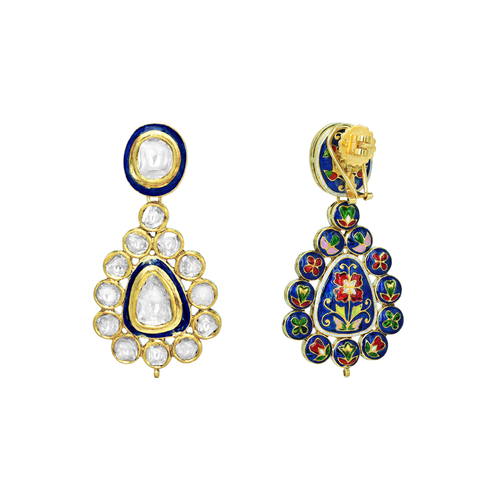 Polki Necklace Set with Blue Enamel and Matching Drop Earrings